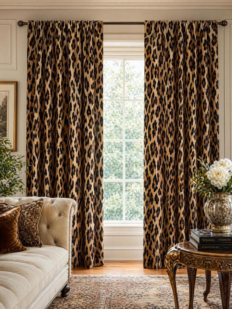 2pcs Vintage Brown Leopard Print Decorative Curtains, Rod Pocket Design, Easy Installation And Removable, Polyester Material, Suitable For Living Room, Bedroom, Luxury Vintage Home Decor. - Multicolor - View 1
