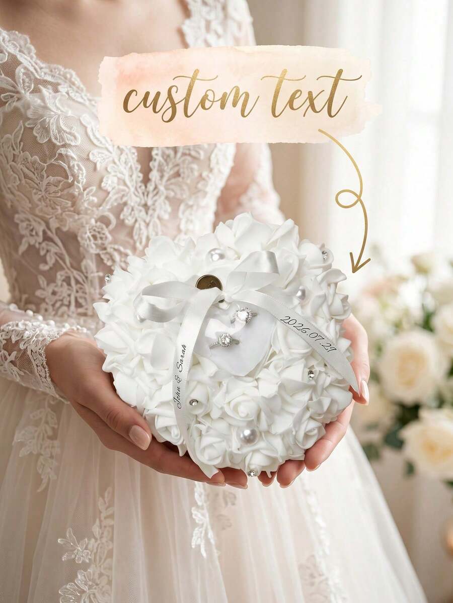1pc Personalized Heart-Shaped Floral Ring Pillow Box With Elegant Lace Ribbon, Customizable Wedding Ring Holder Box, Bride Bridesmaid Proposal Gift - Multicolor - View 1