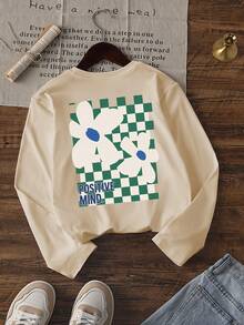 1pc Boys Korean Style Checkerboard Daisy Long Sleeve T-Shirt, Reversible Design With POSITIVE MIND Print, Cream Color, Unisex Kids Spring Autumn Top - Apricot - View 3