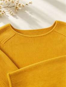 Suéter de cuello redondo suave para mujer de talla grande, vintage fresco, unicolor casual minimalista versátil, tejido de punto ligero para verano y otoño - Amarillo - Ver 6