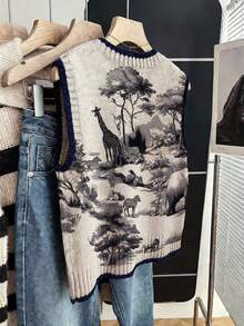 Women's Knitted Sweater Vest, Savannah Landscape Pattern, Round Neck Ribbed Knit, Regular Fit, Suitable For Autumn Layering - Apricot - View 3