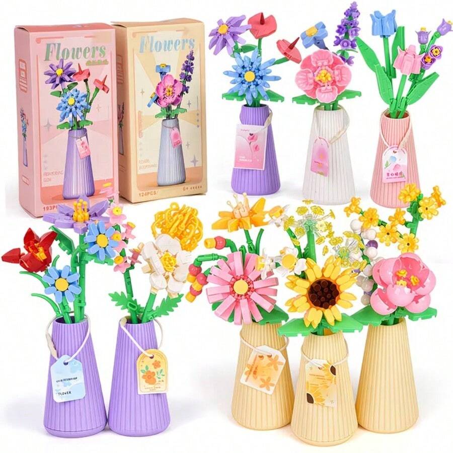 12 Styles Building Block Eternal Flower Vase Desktop Decor, Assembled Building Blocks, Small Particle Micro Building Block Flowers, Rose Sunflower Artificial Flower Model, Birthday Gift, Holiday Gift