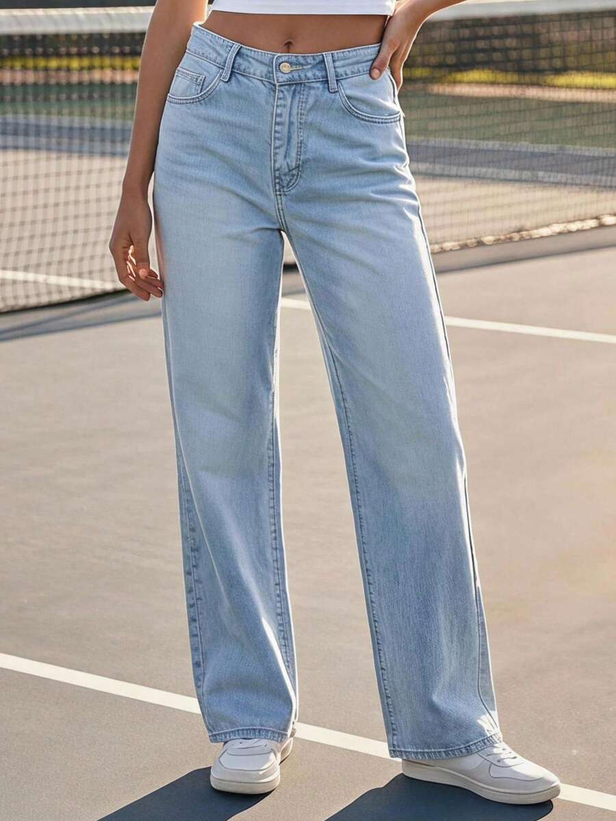 Damen Jeans mit heller Waschung, regulärer Passform und weitem Bein - Helle Waschung - Übersicht 1