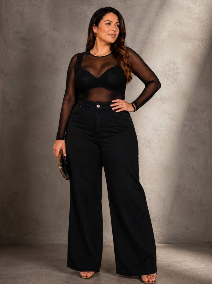Women's Wide Leg Plus Size Jeans - High Quality - Black - View 1
