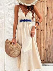 Vestido largo casual sin mangas y sin espalda para mujer, diseño con lazo en la espalda, tela tejida plisada, bajo acampanado - Albaricoque - Ver 1