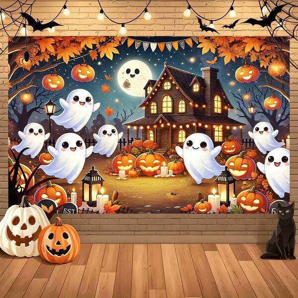 1pc Happy Halloween Ghost Celebration Night Background Banner, Suitable For Haunted House Events, Parties, Carnivals And Photography Backgrounds, Yard, Garage, Indoor/Outdoor Party Decorations, Holiday Celebrations, Halloween Decorations, Scene Setup, Atmosphere Decoration Supplies
