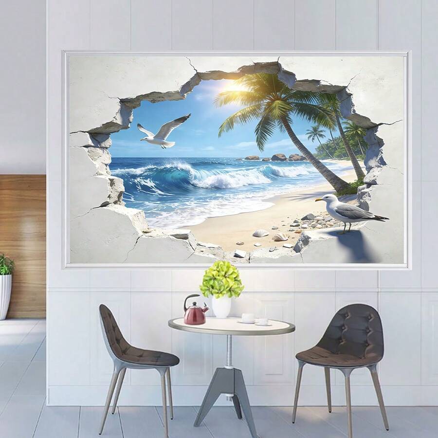 1pc Tropical Beach Wall Sticker, Ocean, Seagull, Coconut Tree, 3D Self-Adhesive Vinyl Sticker, Easy To Apply And Remove, Suitable For Bedroom, Living Room, Bathroom, Dorm, Peaceful Room Decor, Beach Theme Decoration, Create A Fresh Home Atmosphere - Multicolor03 - View 1