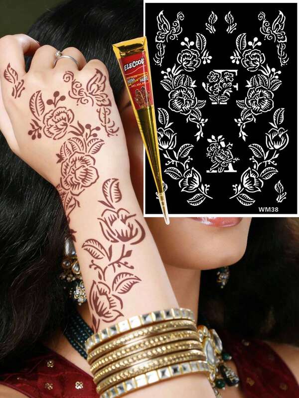 Conjunto Combo 2 Peças Hana com Stencils de Tatuagem Vazados Desenhados à Mão + Creme de Tatuagem de Henna Vermelha, Tatuagem de Henna, Adequado para Mãos, Pintura DIY, Tinta, Stencils de Design Mehndi Reutilizáveis