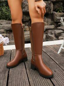 Autumn/Winter Brown Side Zipper Metal Buckle Patchwork Low Heel Fashion Riding Boots - Brown - View 5