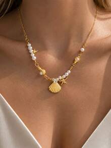 1 pieza Collar colgante de moda minimalista elegante con perla falsa, estrella de mar, concha y caracol en color dorado para mujeres, regalo de verano, vacaciones en la playa, cita, fiesta, vacaciones, cumpleaños, versátil para uso diario - Amarillo Oro - View 2