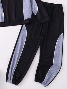 Tween Boy Autumn/Winter 2 Pieces Set, Side Patchwork Long Sleeve Top With Matching Cuffed Sweatpants, Logo Print Top And Bottom, Cool Casual Outfit - Black - View 8