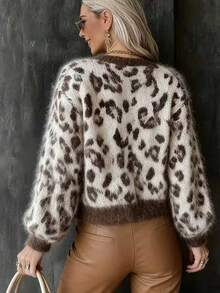 Plus Size Women's Leopard Print Single-Breasted Casual Versatile Daily Wear Cardigan - Brown - View 5