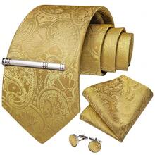 Golden Yellow Paisley Men Tie Handkerchief Cufflinks Tie Clip Full Set, Gala Celebration Tuxedo Matching Accessory For Gentlemen - Gold - View 2