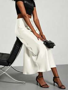 Plus Size Solid Color Satin Elegant Long Skirt For Vacation, Evening Party And Wedding White - White - View 4