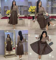 High-Waisted A-Line Midi Skirt – Elegant In Faux Leather, Stylish, Casual, Cute, Party, PU Leather, Side Zipper, Evening, Office, Wedding, Dating, Stage And Concert, Autumn And Winter - 巧克力棕 - 查看 6