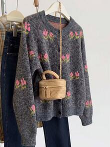 Women's Cute Floral Button Front Cardigan, Soft Fuzzy Short Sweater Suitable For Coffee Dates, Weekends And Christmas Outfits - Black - View 9