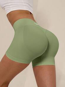 TimeOff Women's 1pc Solid Color High Waist Ribbed Waistband Ruched Back Athletic Shorts - Army Green - View 4
