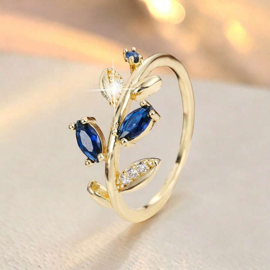 1pc Fresh Leaf Shaped Design Cubic Zirconia Women's Ring - Multicolor - View 1