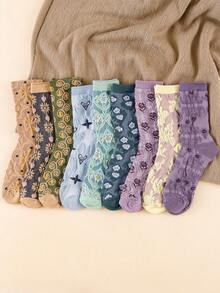 1/3/6/9 Pairs Random Women's Vintage 3D Embossed Floral Palace Style Mid-Calf Socks - Multicolor - View 1