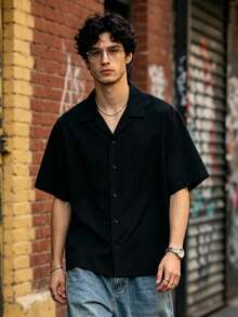 Men's Summer Thin Solid Color Short Sleeve Shirt With Turn-Down Collar, Fashionable Versatile Blouse - Black - View 1