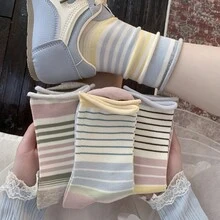 4 Pairs All-Season Striped Rolled Cuff Mid-Calf Socks For Women, Breathable Versatile Slouch Socks - Multicolor - View 1