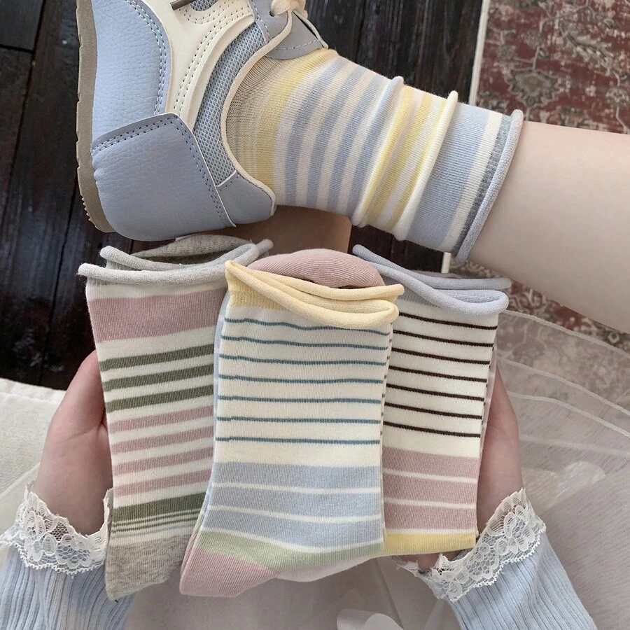 4 Pairs All-Season Striped Rolled Cuff Mid-Calf Socks For Women, Breathable Versatile Slouch Socks - Multicolor - View 1