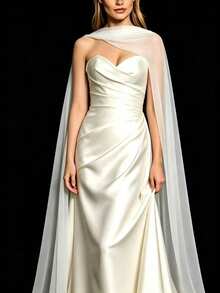 1 Pc White Sheer Chiffon Long Train Bridal Cape Shawl Flowy Shoulder Wrap Cover Up For Wedding Bride Evening Dress Photoshoot Accessory - A - View 1