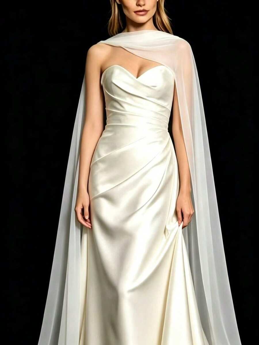 1 Pc White Sheer Chiffon Long Train Bridal Cape Shawl Flowy Shoulder Wrap Cover Up For Wedding Bride Evening Dress Photoshoot Accessory - A - View 1