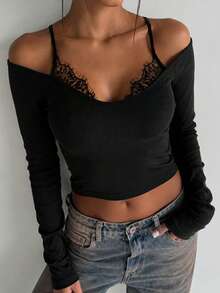 Kaos Lengan Panjang Wanita Model Bahu Terbuka, Desain Kamisol Berlapis Renda Bergaris, Atasan Pendek Pas Badan, Gaya Jalanan Y2K 2 in 1 - Hitam - View 1