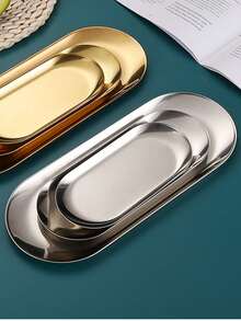 1pc Silver Stainless Steel Oval Tray, Non-Slip Multi-Purpose Storage Dish For Cups, Desserts, Jewelry, Stationery, Kitchen Home Desktop Organizer, Halloween Christmas Gift And 2026 Back To School Essential - Multicolor - View 5