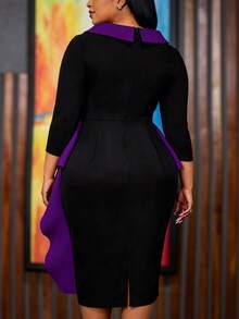 Große Größen Schwarz-Weiß Farbblock elegantes figurbetontes Midi-Kleid mit Rundhalsausschnitt, 3D-Blumen-Peplum, drapiert, für Kirche, Arbeit, Business, Herbst, Party, formelle Anlässe - Violett - Übersicht 3