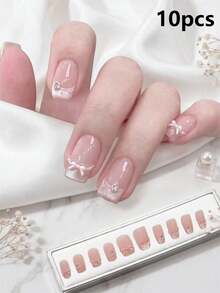 10pcs Square Wearable Nails Short/3D Bow Pearl Flower Rhinestone French Sweet Style Perfect Fit Acrylic False Nails Suitable For Women Autumn/Winter Daily Commute - 彩色 - 查看 6