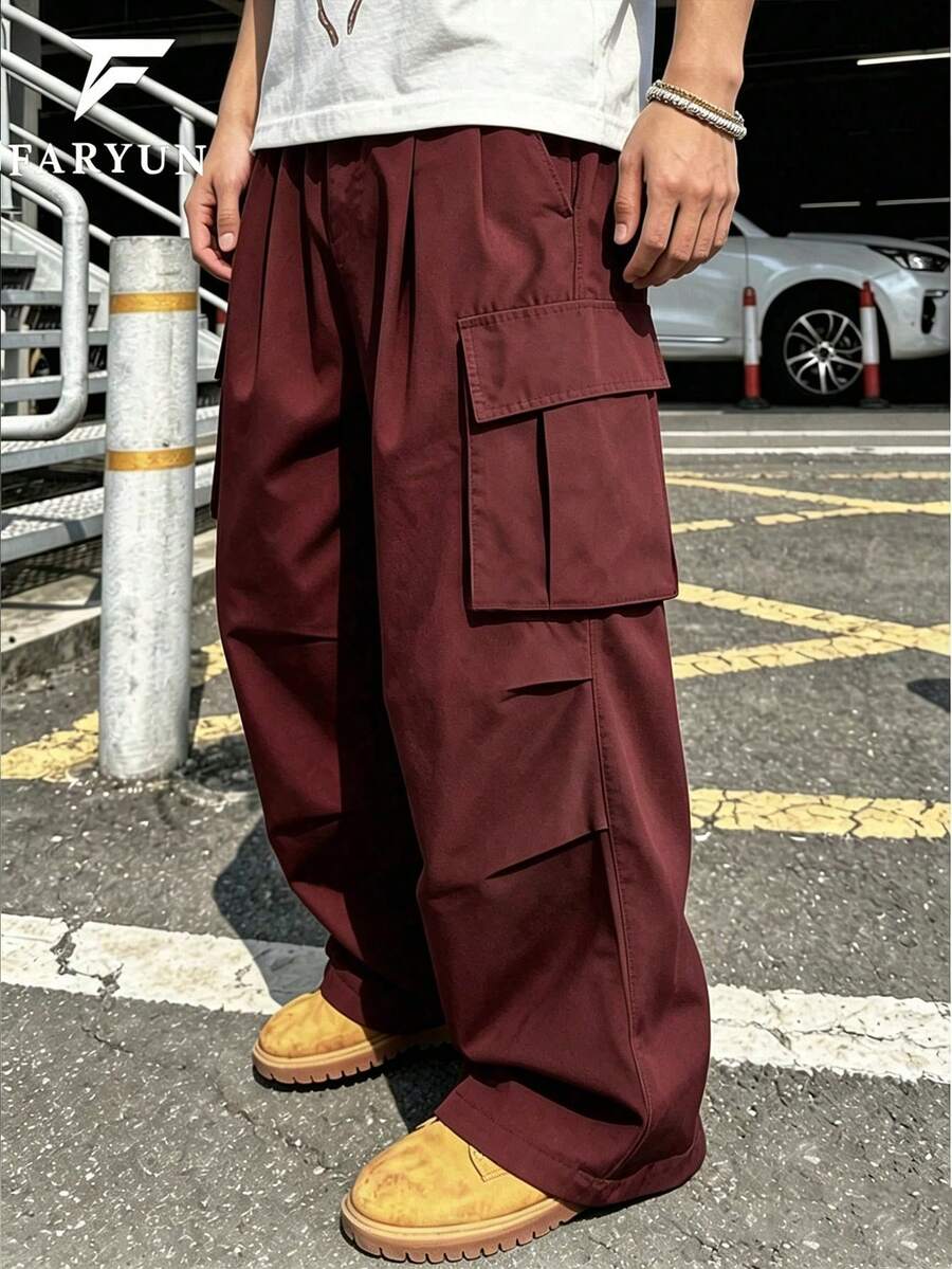 男士街頭風抽繩彈性腰寬鬆寬腿工裝長褲,3D大口袋剪裁裝飾休閒長褲,美式高街工裝褲,日常街頭校園穿搭,四季皆宜,節日禮物首選 - 酒紅色 - 查看 1