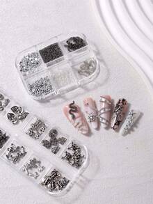 2 Boxes Gothic Halloween Metal Nail Art Charms, Snake Skull Cross Rivet, Silver Black Caviar Beads Rhinestone Chain, Punk Nail DIY Decoration - Multicolor - View 4