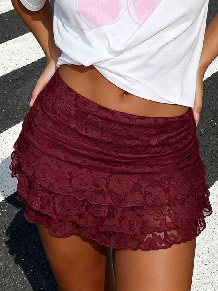 Pantalones cortos casuales con cintura elástica de encaje, volantes y cremallera lateral, cómodos y versátiles para el uso diario en verano - Burdeos - Añade 1
