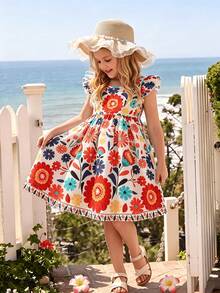 Girls' Vintage Floral Print Dress, Cute Cap Sleeve Round Neck A-Line Midi Dress, Waist Cinched, Suitable For Beach Holiday, Toddler & Little Kid - Multicolor - View 1