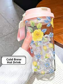1 pieza/5 piezas Vaso de agua de plástico de 500ml con estampado floral de rosa amarilla y azul vintage de verano, con pajita y cordón, tapa abatible a prueba de fugas, para bebidas frías, calientes y café helado, uso diario, listo para fotos, regalo de cumpleaños para mejor amigo, regalo festivo - Rosa amarilla multicolor - Ver 4