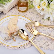 Set Peralatan Makan Plastik Emas 20 Buah, Peralatan Dapur Tahan Lama/Set Peralatan Makan Pesta, Garpu dan Sendok Emas, Untuk Makan, Pesta, Makan Malam dan Pernikahan - Emas - View 4