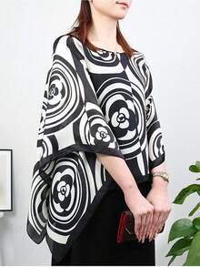 1件仿絲花卉印花輕量套頭披肩，女款海灘防曬外套，寬鬆百搭，適合日常裝飾使用 - 山茶花 - 查看 3