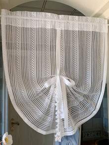 1件公主風繫帶窗簾－白色條紋刺繡蕾絲布料，底部白色流蘇飾邊，繫帶設計，四季適用，復古法式薄紗窗簾，適用客廳、廚房、浴室、婚禮派對裝飾 - 白色 - 查看 7