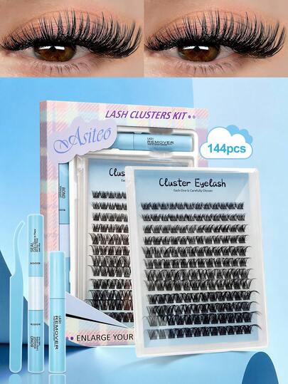 Asiteo 144pcs Large Capacity D-Curl Natural DIY Eyelash Extension Kit, Long Fluffy 8-18mm Mixed Length, Customizable, Easy To Wear, Suitable For Beginners, Daily And Party Makeup, Includes Eyelash Glue, Sealer, Eyelash Remover, Tweezers, Cluster Lashes And Single Lashes