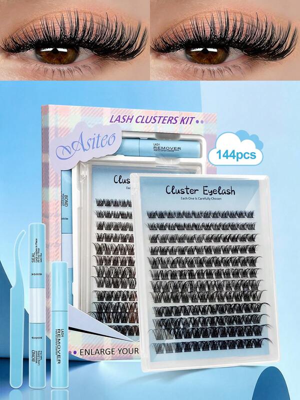 Asiteo Kit de Extensiones de Pestañas Naturales DIY de Gran Capacidad D-Curl 144 piezas, Largas y Esponjosas 8-18mm de Longitud Mixta, Personalizables, Fáciles de Usar, Adecuadas para Principiantes, Maquillaje Diario y de Fiesta, Incluye Pegamento para Pestañas, Sellador, Removedor de Pestañas, Pinzas, Pestañas en Racimo y Pestañas Individuales