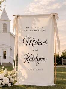 Letrero de Bienvenida Personalizado para Boda | Pancarta de Tela Vertical para Boda | Fondo Personalizado con Nombre & Fecha | Decoración Rústica para Ceremonia al Aire Libre - Multicolor - Ver 3