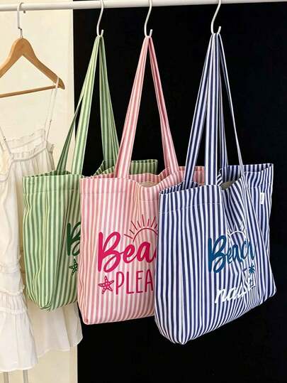 Large Capacity Beach Style Striped Tote Bag With Matching Mini Storage Pouch - Large Pink & White, Green & White, Blue & White Striped Canvas Shoulder Bag, Letter Print, Summer Beach Travel Tote Bag Set, Women's Style, Foldable Canvas Shoulder Bag, Waterproof & Sand-Resistant Travel Bag, Summer Essential, Suitable For Beach Travel, Pool Party, Shopping And Daily Use, Perfect For Women, Travelers And Beach Lovers, Ideal For Spring Break, Easter, Mother's Day, Vacation And Gift Giving