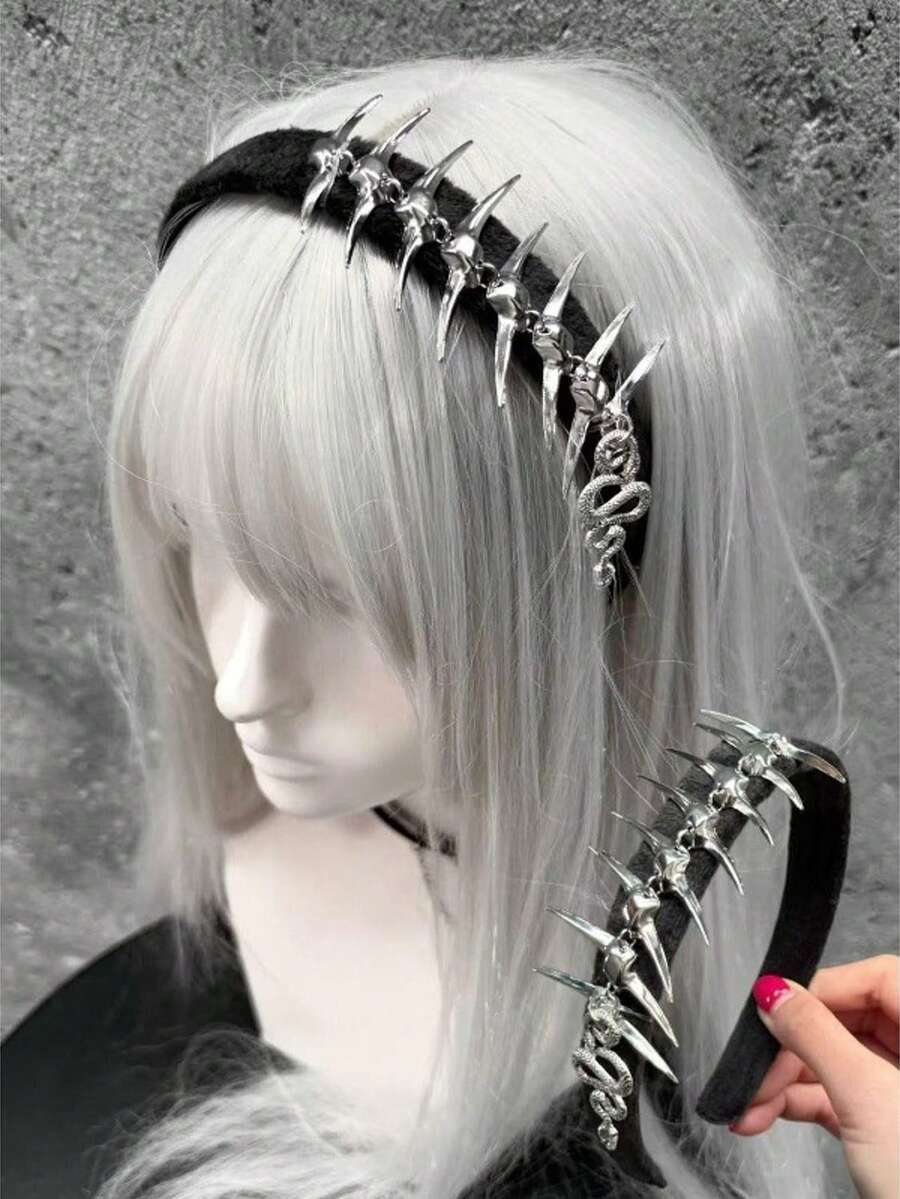1 قطعة عصابة رأس معدنية بتصميم عظام الثعبان سايبربانك Y2K، إكسسوار شعر قوطي داكن نيش للبنات الجريئات - فضي - مشاهدة 1