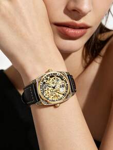 Herren-Armbanduhr in Schwarz aus Zinklegierung, Business-Stil, leuchtend, graviert, Automatik-Tourbillon, skelettiert, mechanisch - Schwarz - Übersicht 6