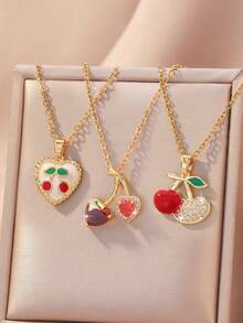 1 pieza Collar vintage lindo de cereza y fresa colorida con circonita, artesanía de esmalte - Regalo de Navidad, Día de San Valentín, Día de la Madre, adecuado para el uso diario de las mujeres o para ocasiones de fiesta, se puede combinar con colgante, collar de acero inoxidable, collar estilo Y2K, collar de oro para mujer, collar para mujer - Multicolor - Ver 1