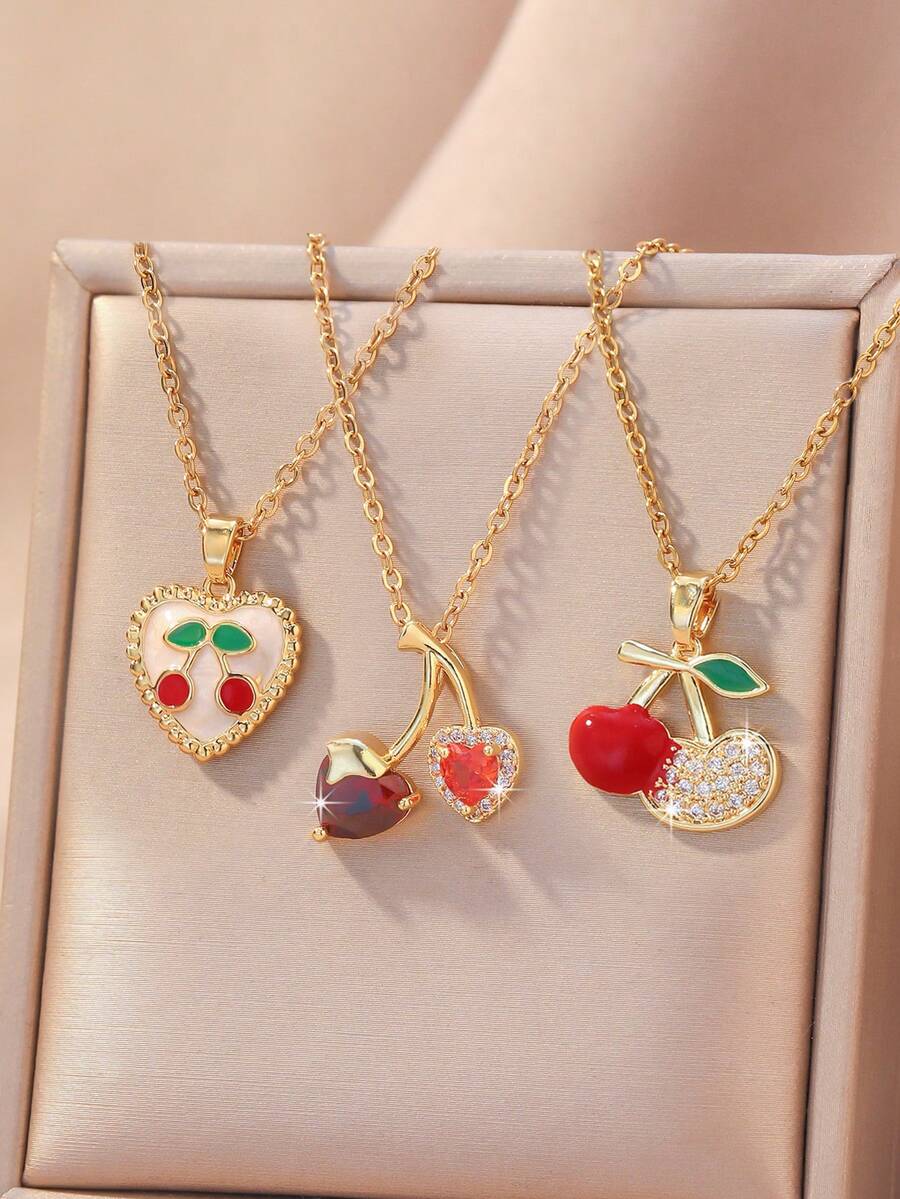 1 pieza Collar vintage lindo de cereza y fresa colorida con circonita, artesanía de esmalte - Regalo de Navidad, Día de San Valentín, Día de la Madre, adecuado para el uso diario de las mujeres o para ocasiones de fiesta, se puede combinar con colgante, collar de acero inoxidable, collar estilo Y2K, collar de oro para mujer, collar para mujer - Multicolor - Ver 1