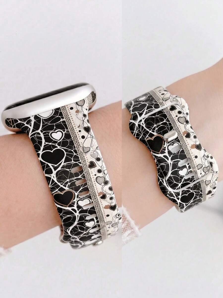 1pc Stylish Black & White Heart Print Silicone Band For Apple Watch Band 38/40/41/42/44/45/46/49mm 1-11 Series Women's Elegant Replacement Strap - Black and White - View 1