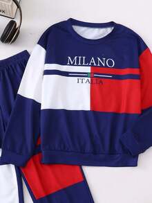 Boys' Spring/Autumn Outfit, Colorblock Letter Print Long Sleeve Top + Casual Jogger Pants, Suitable For 8-12 Years Old - Royal Blue - View 8